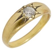 A Victorian single stone diamond ring in starburst setting, yellow metal mount. Approx. 0.20 ct.