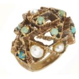 A modernist design turquoise and pearl mounted dress ring of pierced geometric design, Yellow