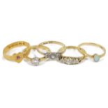A collection of five antique rings to include a Victorian 18ct gold mounted five stone diamond ring,