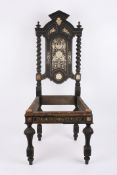 A 19th century ivory inlaid ebonised single chair the back finely inlaid with ivory panel of