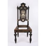 A 19th century ivory inlaid ebonised single chair the back finely inlaid with ivory panel of