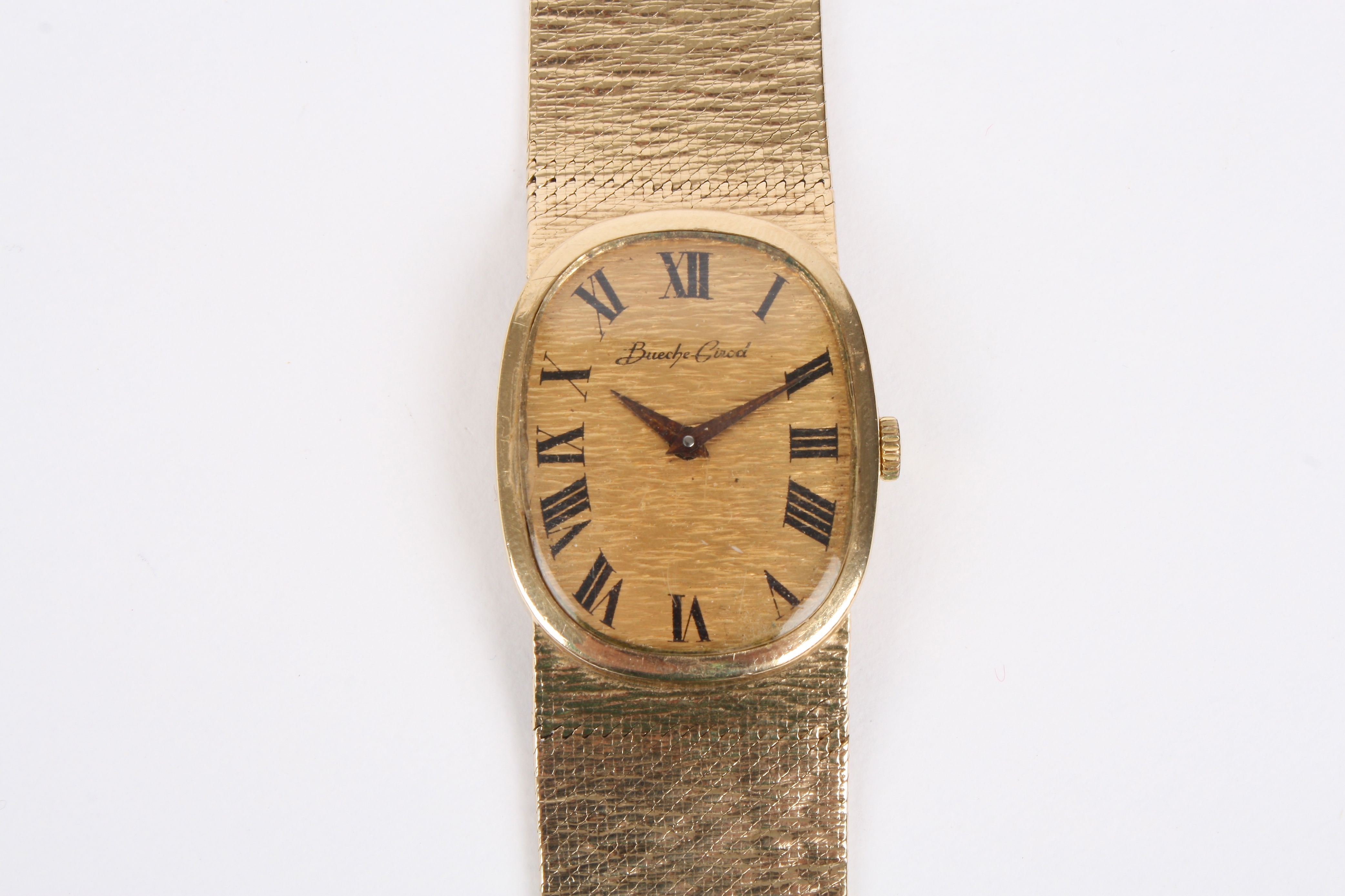 A 9ct gold Bueche Girod mechanical wrist watch with oval bark effect dial and black Roman - Image 4 of 4