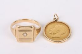 A George V fine gold half sovereign dated 1912 in 9ct gold pendant mount sold together with a