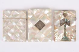 Three mother of pearl calling card cases all with segmented decoration, one with abalone and