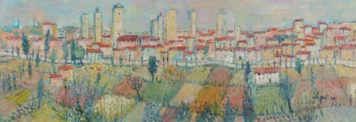 Carlo Rossi RSW RGI (1921-2010) Scottish 'San Gimignano, Tuscany', a colourful Italian townscape