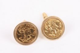 A pair of 22ct gold half sovereign cufflinks mounted in 9ct gold, dated 1902 and 1906. 17 grams.