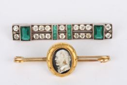 A Victorian yellow metal mounted carved hardstone cameo bar brooch set with an oval cameo portrait