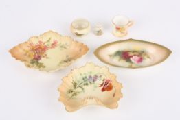 Three Royal Worcester blush ivory pin trays, together with a miniature bowl, mug and thimble (6)
