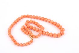 A Victorian graduated coral necklace the largest bead measuring 7.5mm, 15ct gold clasp 40cm long.