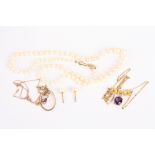 Edwardian and later jewellery including an Edwardian 9ct gold, amethyst and pearl pendant on