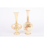 Two Royal Worcester blush ivory vases, both decorated with flowers, one with scrolled handles and