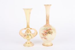 Two Royal Worcester blush ivory vases, both decorated with flowers, one with scrolled handles and