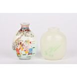 Two Chinese carved jade scent bottles one painted with enamel figures and signed to the base, the