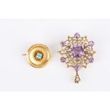 An Edwardian amethyst and pearl pendant/brooch the central hexagonal cut amethyst set within pearl