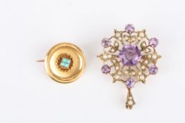 An Edwardian amethyst and pearl pendant/brooch the central hexagonal cut amethyst set within pearl