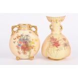 A Royal Worcester blush ivory bulbous vase and a moon flask both decorated with flowers in gilt,