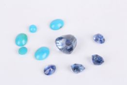Five unmounted facetted cut blue sapphires, approx. weight 17.00 ct. and five turquoise polished