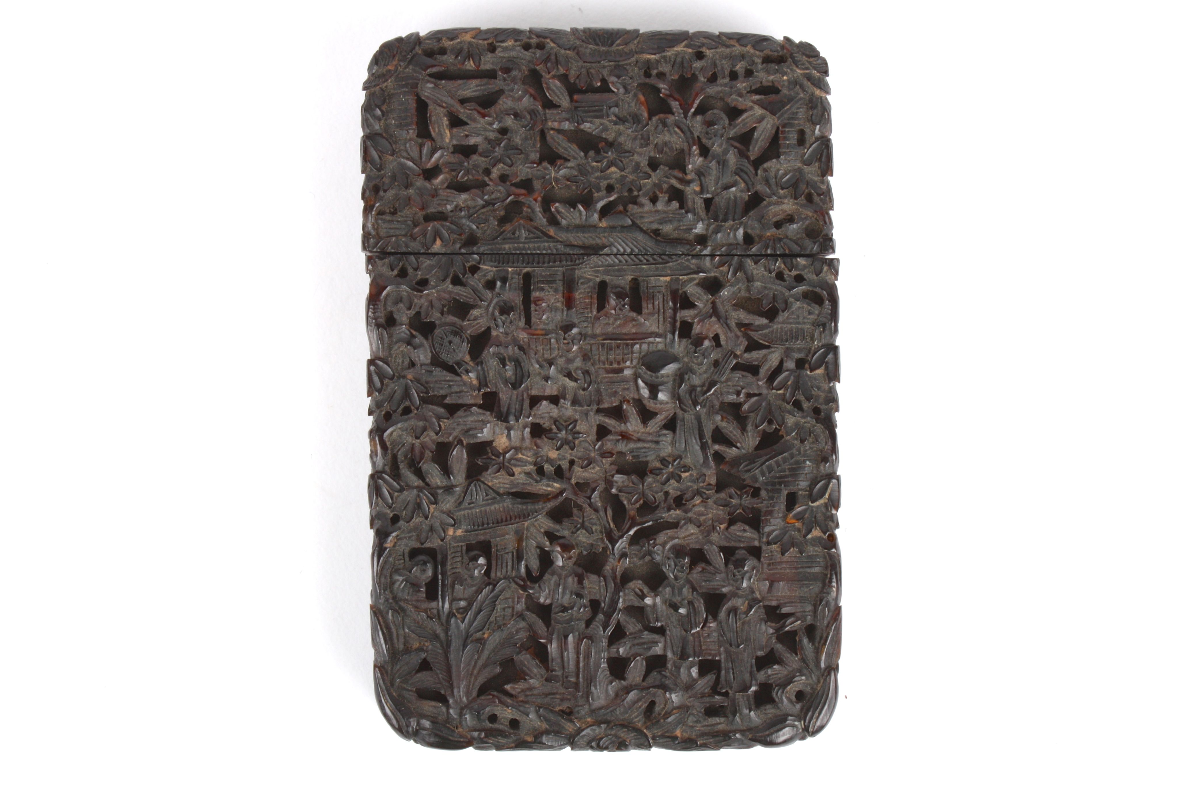 A late 19th century Chinese Canton carved tortoiseshell calling card case finely carved throughout - Image 2 of 4