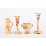 Two Royal Worcester blush ivory vases, together with a tapering jug and a pedestal bowl, all