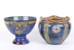 A Royal Doulton blue glazed jardiniere decorated with stylised flowers, together with a Doulton