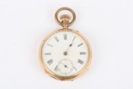 An early 20th century Continental 14K gold open face pocket watch with white enamel dial, black