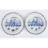A pair of 18th Century English blue and white pearl ware plates decorated in chinoiserie style