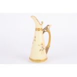 A Royal Worcester ivory ground tapering jug, decorated with flowers and with floral handle, puce