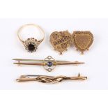 A Victorian 9ct gold double heart Mizpah brooch, a sapphire and pearl Edwardian 9ct bar brooch,