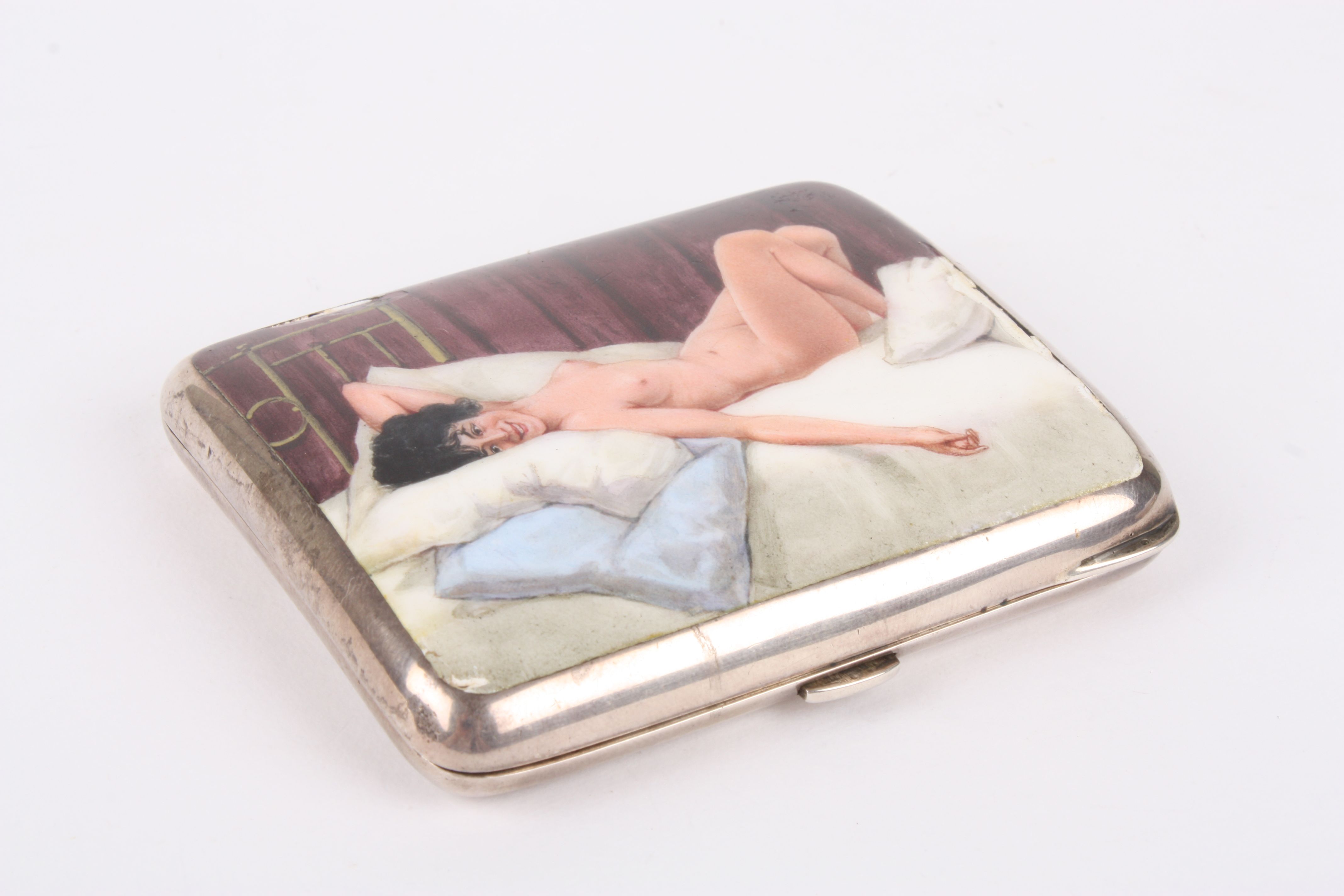 An Edwardian silver and enamel erotic cigarette case hallmarked 1902, the top enamelled with a scene - Image 2 of 2