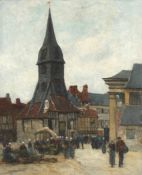 Late 19th/early 20th century Continental School A Breton market scene, with figures and a market