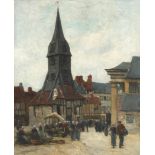 Late 19th/early 20th century Continental School A Breton market scene, with figures and a market