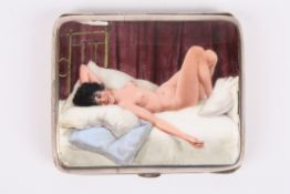 An Edwardian silver and enamel erotic cigarette case hallmarked 1902, the top enamelled with a scene