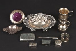 A collection of various silver to include a pierced silver quaich with thistle handles by Asprey,