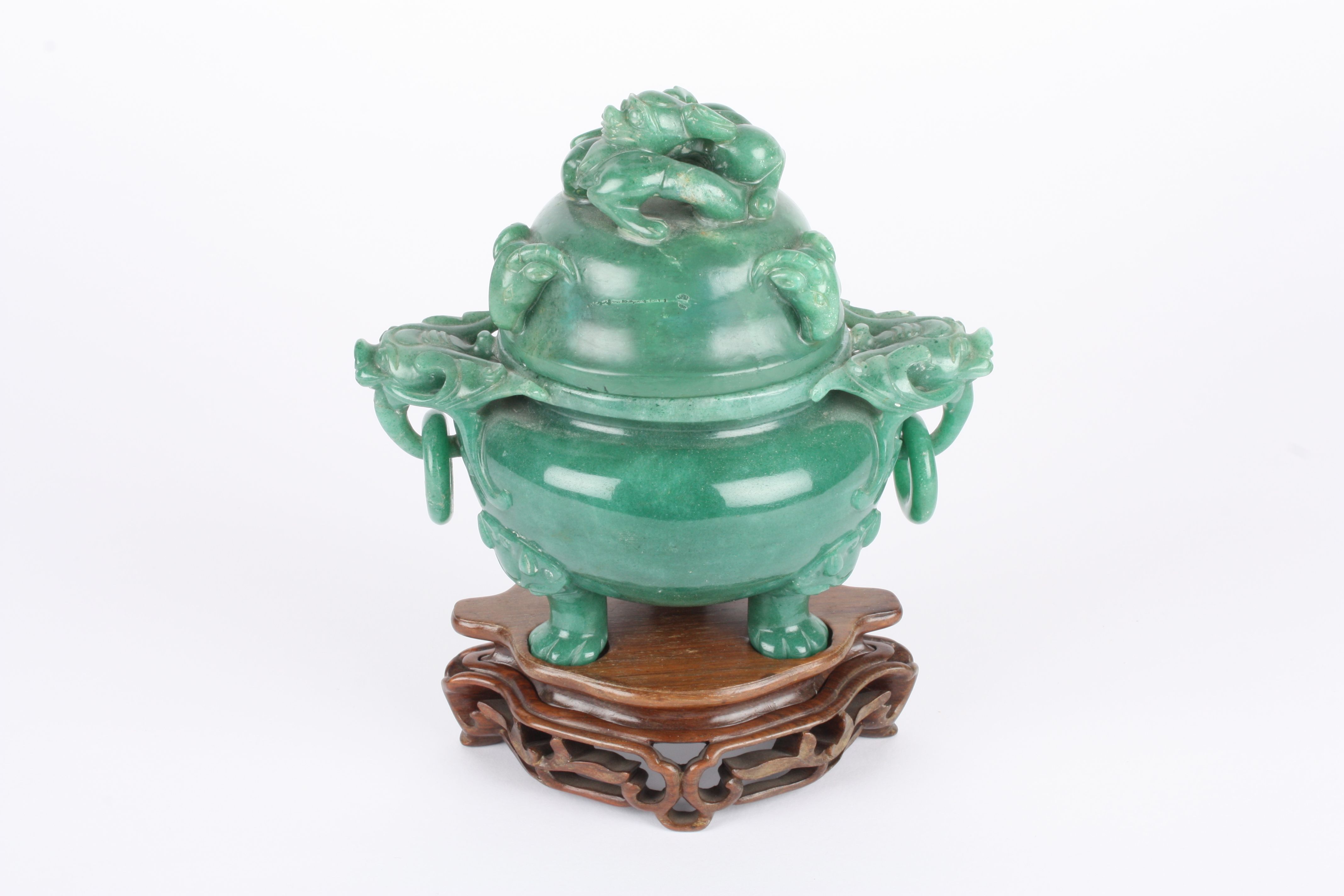 A group of three modern Chinese jade and hardstone koros and covers each with carved decoration, two - Image 3 of 3