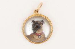 A Victorian reverse carved and painted Essex crystal pendant of a bull mastiff with red collar and