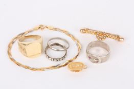 Various jewellery to include a Victorian twist bar brooch, the yellow metal bar set with a pearl