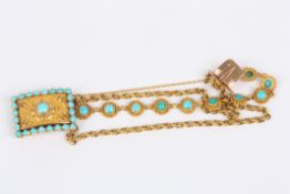 A Victorian turquoise set yellow metal fancy chain bracelet with large rectangular fastening clasp