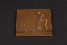 André Mery A small cast bronze sporting relief plaque rugby players and a nude figure verso. Fully