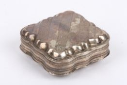 A 19th century French silver cushion shaped pill box with engraved Greek key decoration. 29 grams.