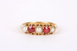 A Victorian ruby and split pearl half hoop ring with central pearl flanked by two rubies and two