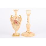 A Royal Worcester blush ivory vase with twin scrolled mask handles, together with a candlestick both