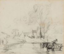 After John Constable A charcoal sketch of a horse and cart with driver in a ford, buildings in the