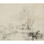 After John Constable A charcoal sketch of a horse and cart with driver in a ford, buildings in the