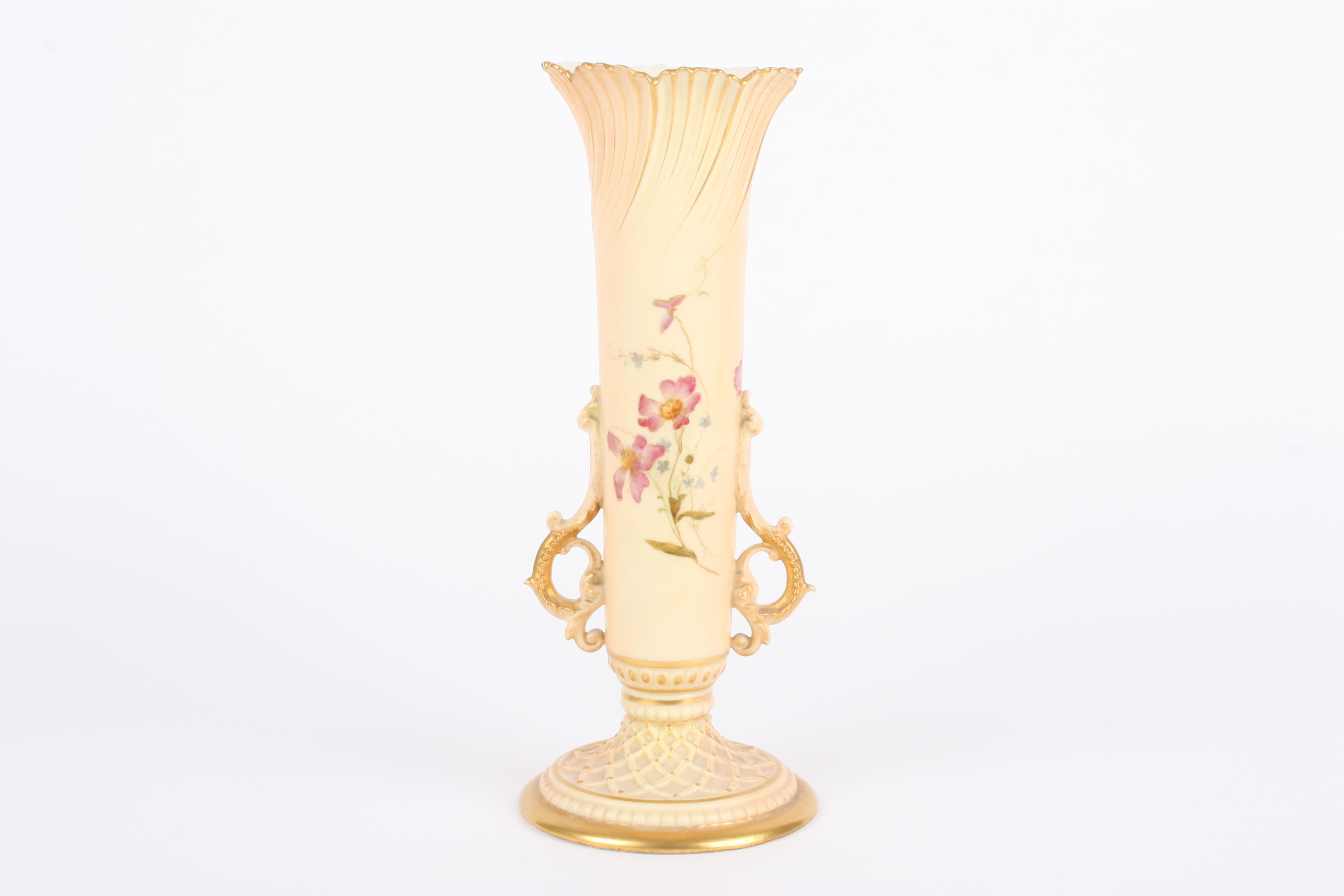 A large Royal Worcester blush ivory spill vase with twin scrolled handles and decorated with - Image 2 of 4