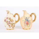 Two Royal Worcester flat back jugs, both decorated with flowers and numbered 1094 in puce to base (