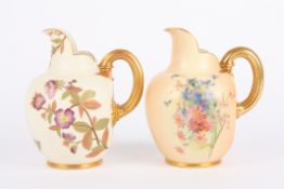 Two Royal Worcester flat back jugs, both decorated with flowers and numbered 1094 in puce to base (