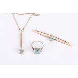 A 9ct gold and aquamarine drop pendant necklace and chain together with an aquamarine brooch and a