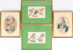 Two pairs of Japanese paintings on rice paper one pair of birds sitting in tree branches, the