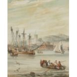 Samuel Owen (1768-1857) British 'Woolwich' a harbour scene with a tallship and figures in a rowing