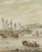 Samuel Owen (1768-1857) British 'Woolwich' a harbour scene with a tallship and figures in a rowing